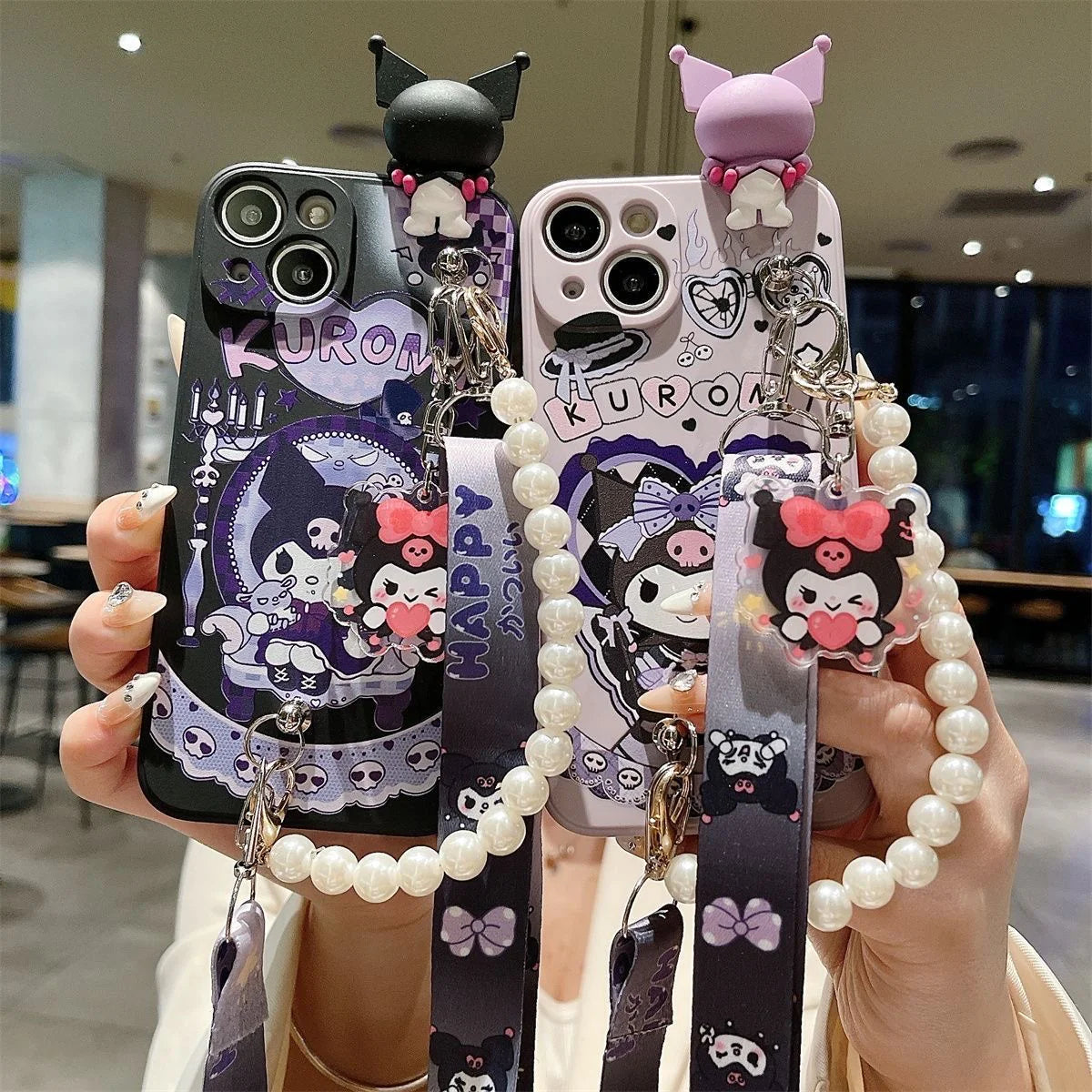 Kuromi 3D Charm Phone Case with Lanyard & Pearl Chain In Kawaii Shop Kuromi 3D Charm Phone Case with Lanyard & Pearl Chain In Kawaii Shop