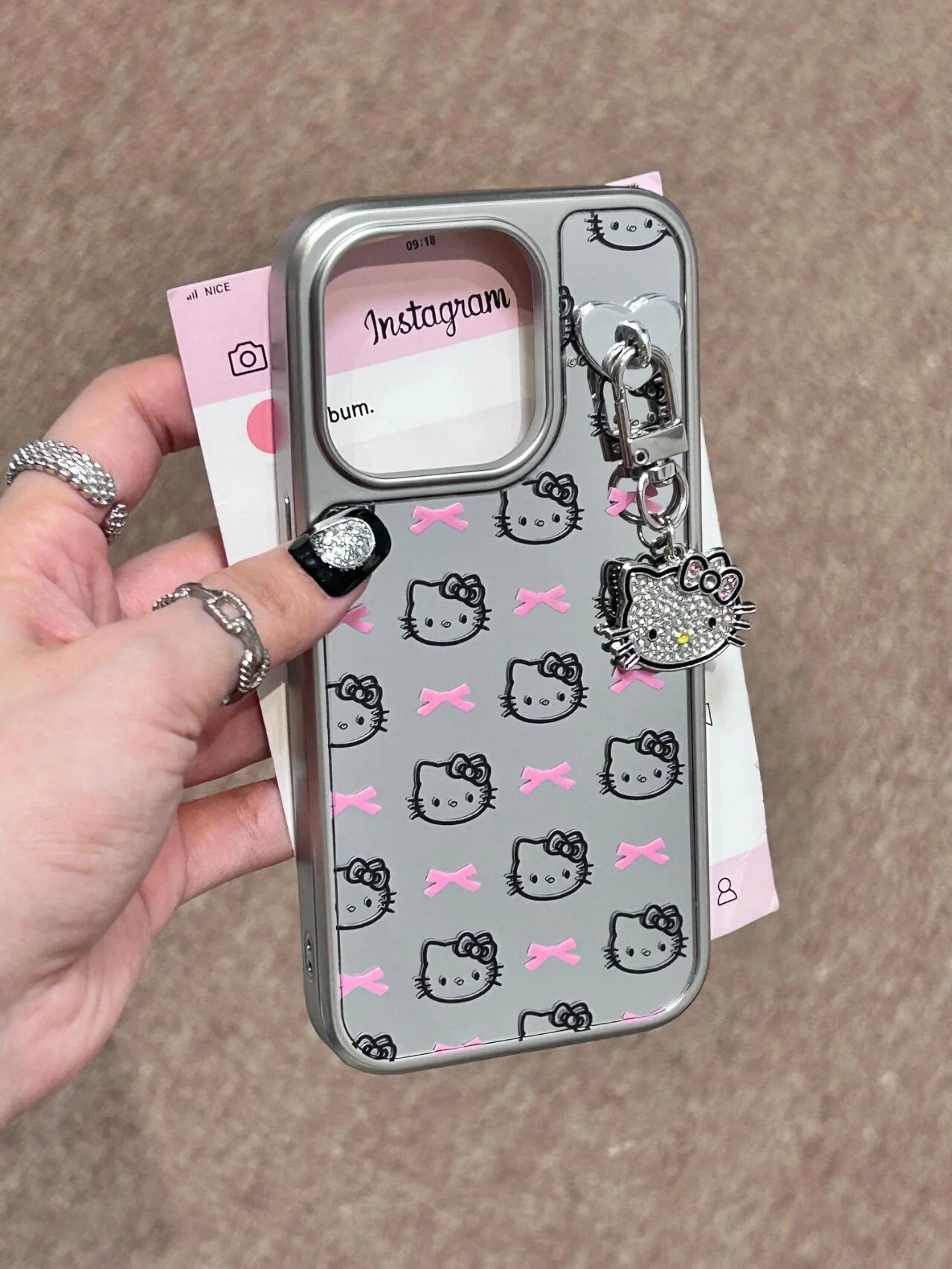 Hello Kitty Silver Mirror Case with Pink Bow