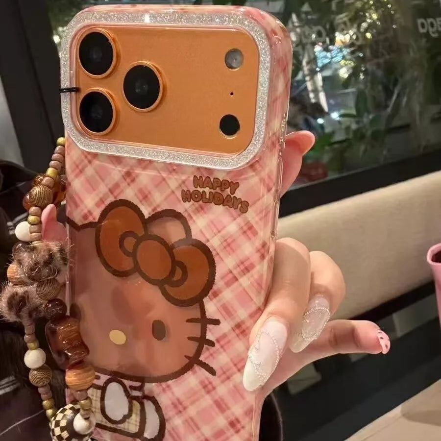 Hello Kitty Pink Plaid Phone Case with Beaded Charm Strap