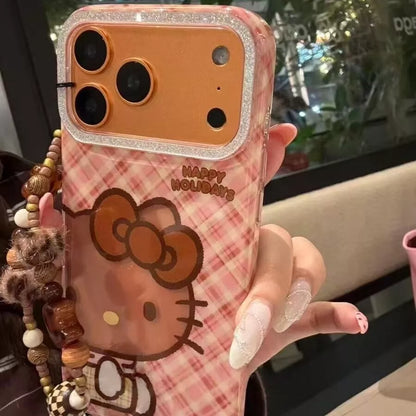 Hello Kitty Pink Plaid Phone Case with Beaded Charm Strap