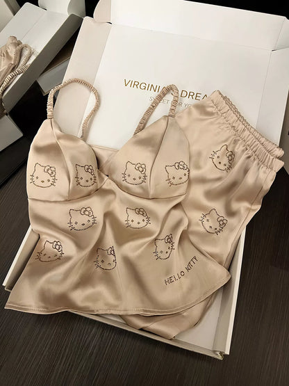 Hello Kitty Satin Pajama Set Silky Lingerie Sleepwear