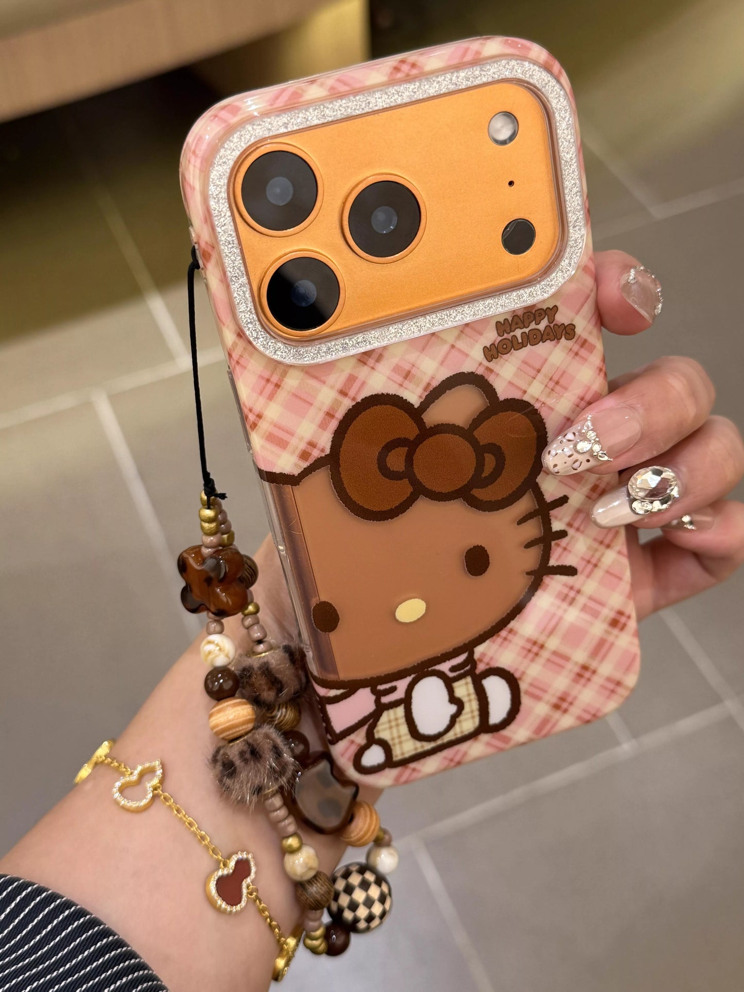 Hello Kitty Pink Plaid Phone Case with Beaded Charm Strap