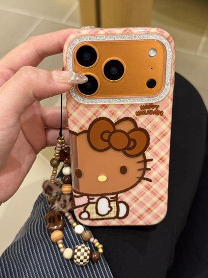 Hello Kitty Pink Plaid Phone Case with Beaded Charm Strap