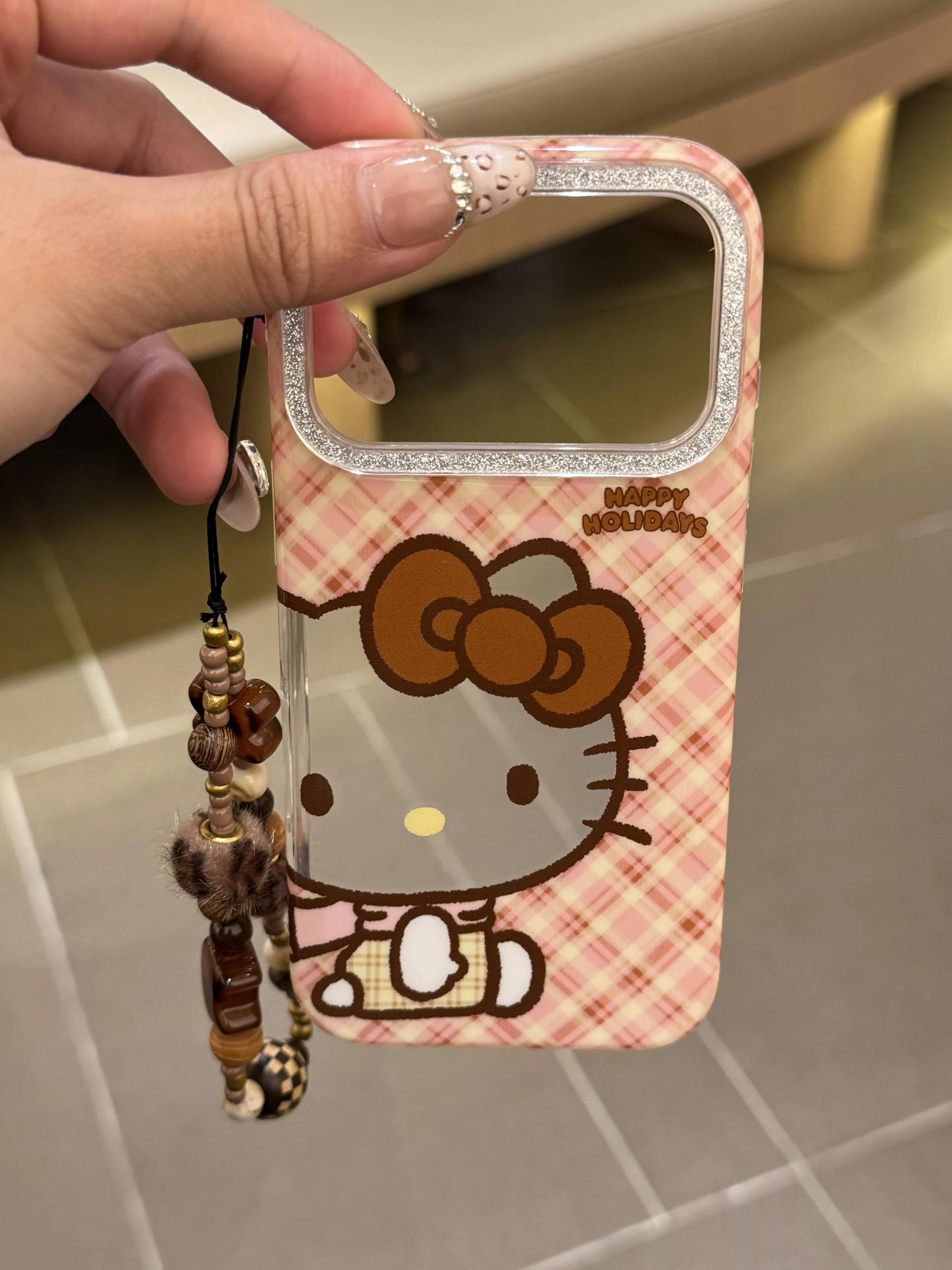 Hello Kitty Pink Plaid Phone Case with Beaded Charm Strap