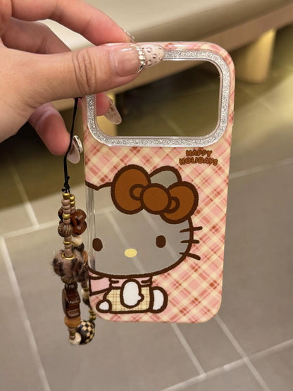 Hello Kitty Pink Plaid Phone Case with Beaded Charm Strap