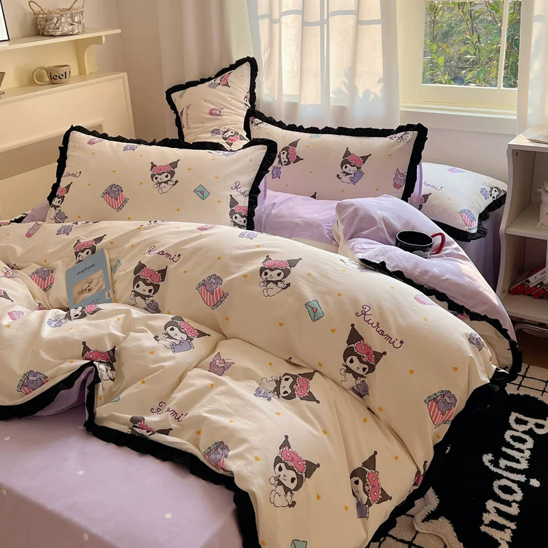 Kuromi Cotton Bedding Sheet with Ruffles