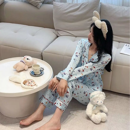 HelloKitty Blue Striped Foodie Prints Pajamas Set