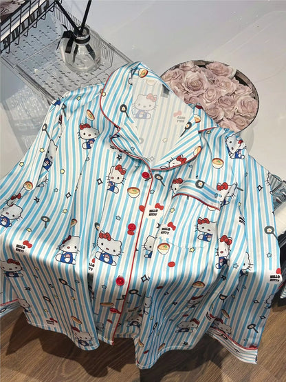 HelloKitty Blue Striped Foodie Prints Pajamas Set