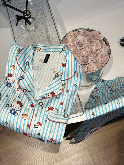 HelloKitty Blue Striped Foodie Prints Pajamas Set