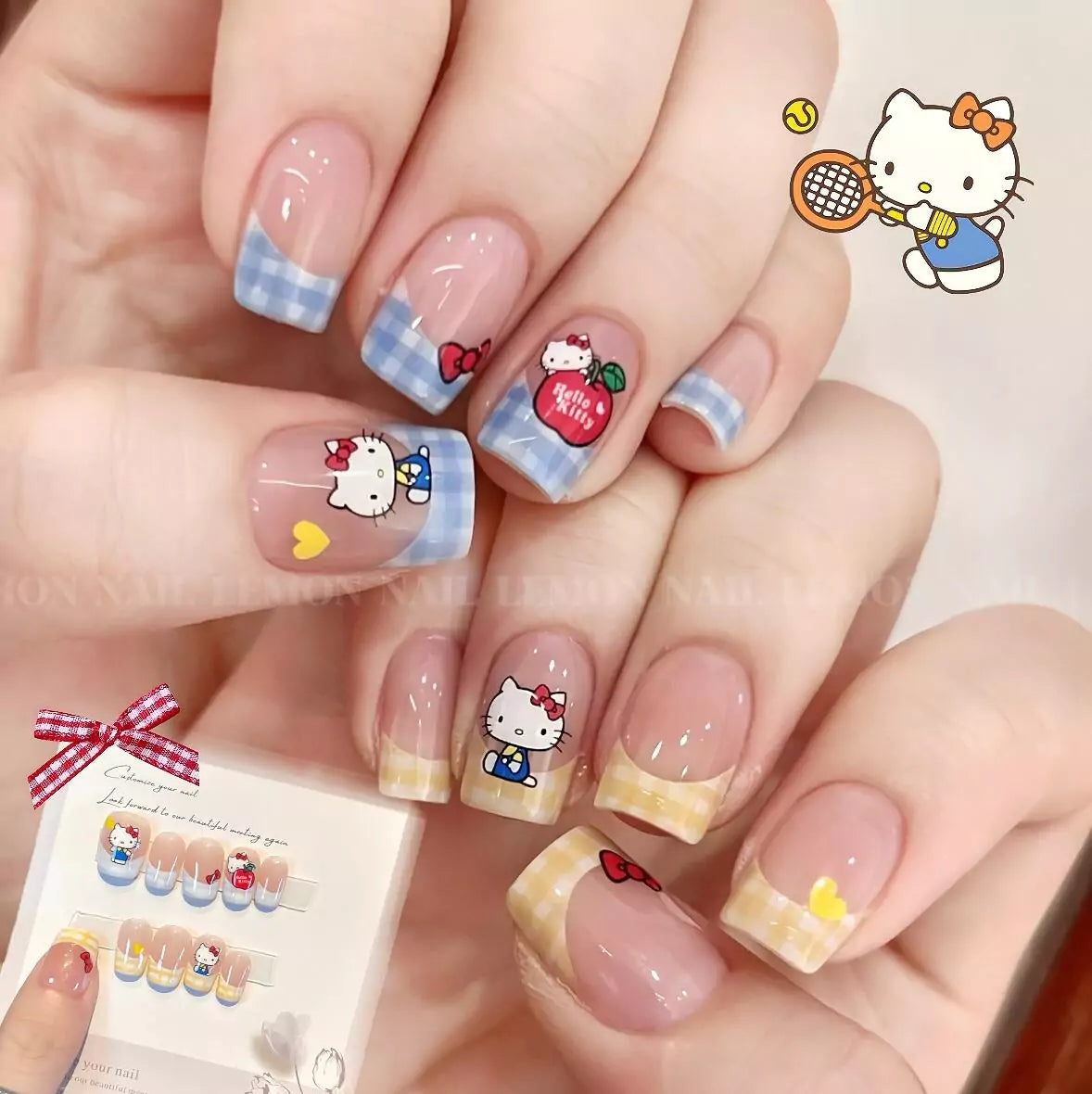 Hello Kitty Plaid French Press-On Nail Set