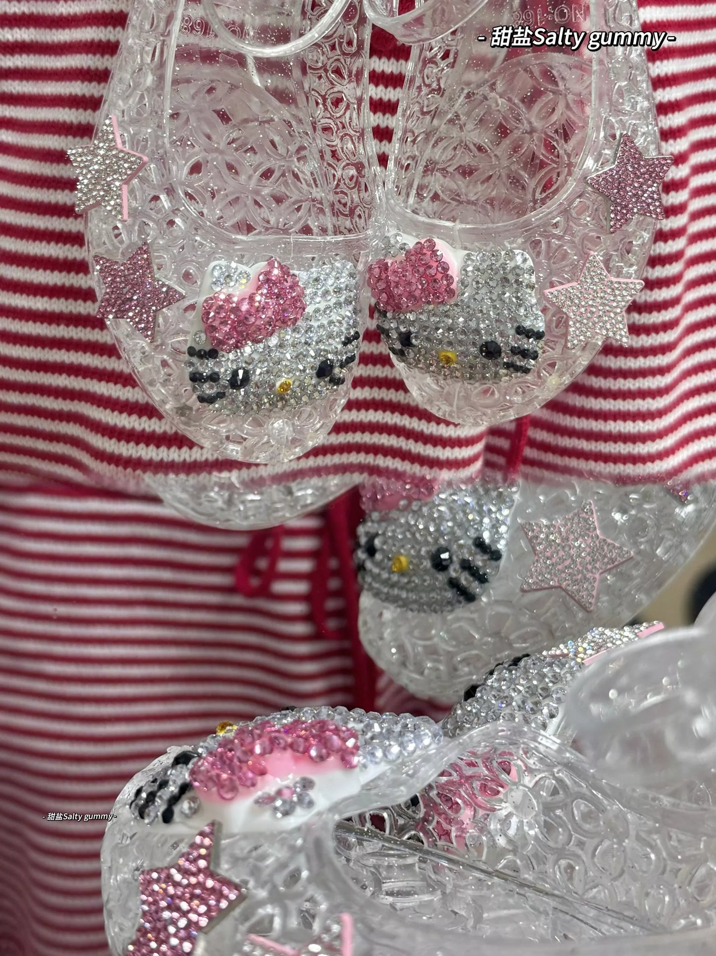 Hellokitty Handmade Rhinestone Flat Jelly Shoes Hollow Out Crystal Jelly Heel Summer Beach Sandals