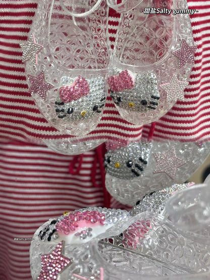 Hellokitty Handmade Rhinestone Flat Jelly Shoes Hollow Out Crystal Jelly Heel Summer Beach Sandals