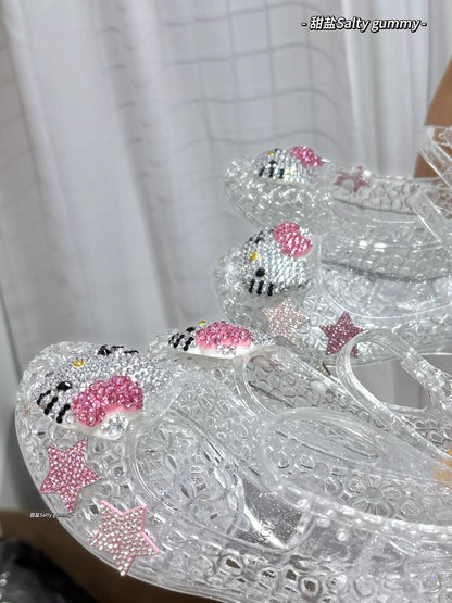 Hellokitty Handmade Rhinestone Flat Jelly Shoes Hollow Out Crystal Jelly Heel Summer Beach Sandals