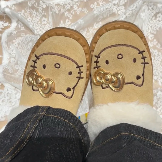 Hello Kitty Luxe Khaki Slippers with Gold Bow Charm