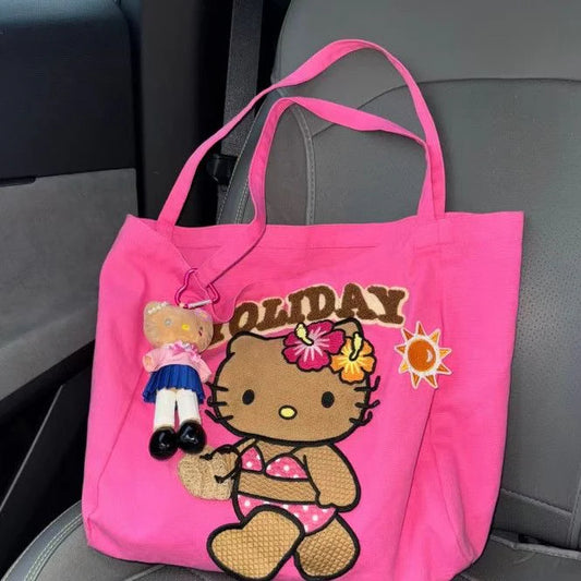 Hello Kitty Holiday Beach Tote Bag, Large Capacity Pink Canvas Handbag