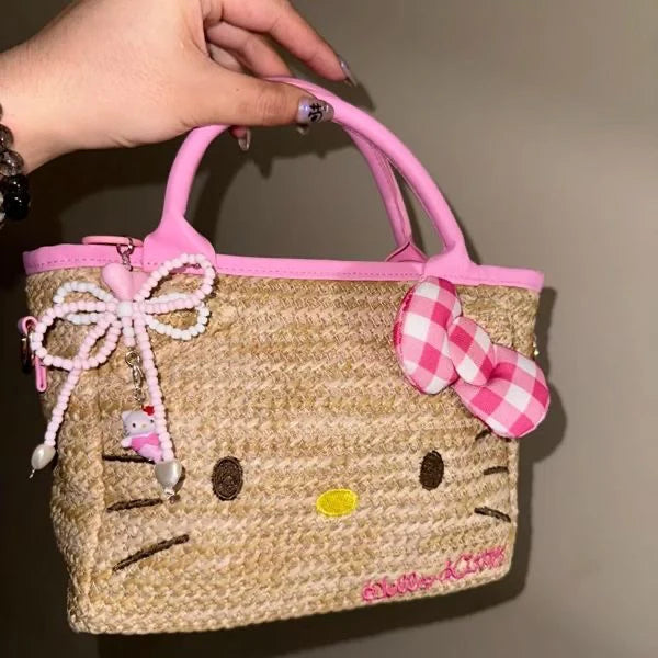 Hello Kitty Straw Tote Bag with Pink Bow Summer Beach Crossbody Handbag