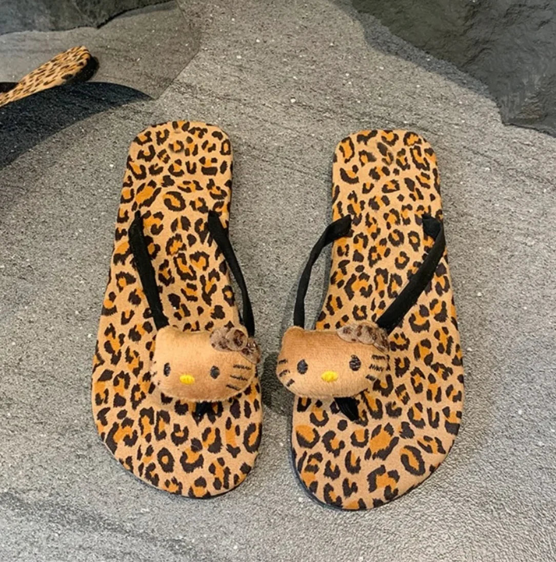 Hellokitty Leopard Print Flip Flops Beach Shoe