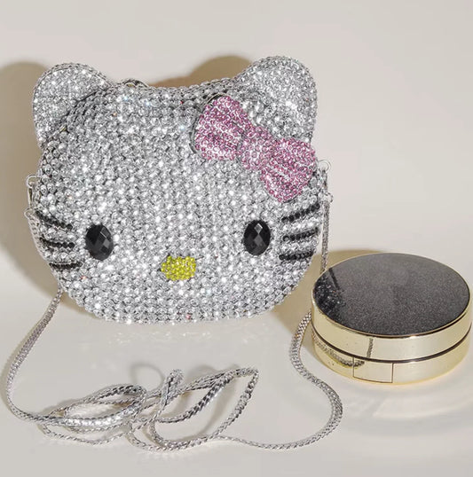 Hello Kitty Rhinestone Evening Bag, Handmade Full Crystal Crossbody Chain Purse