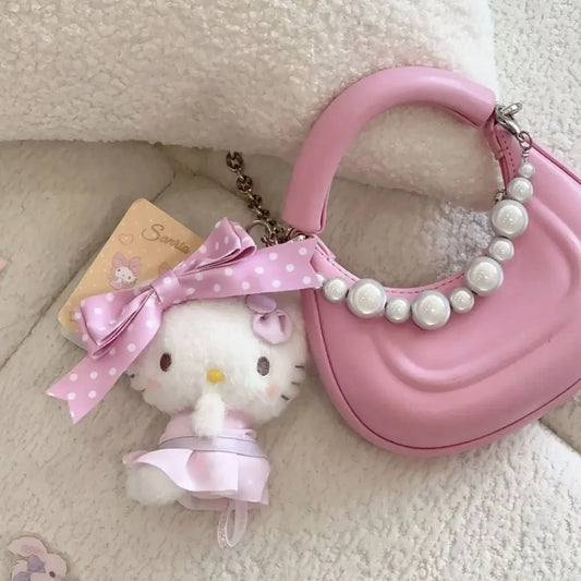 Hello Kitty Plush Bag Charm, Soft Stuffed Keychain with Pink Polka Dot Bow
