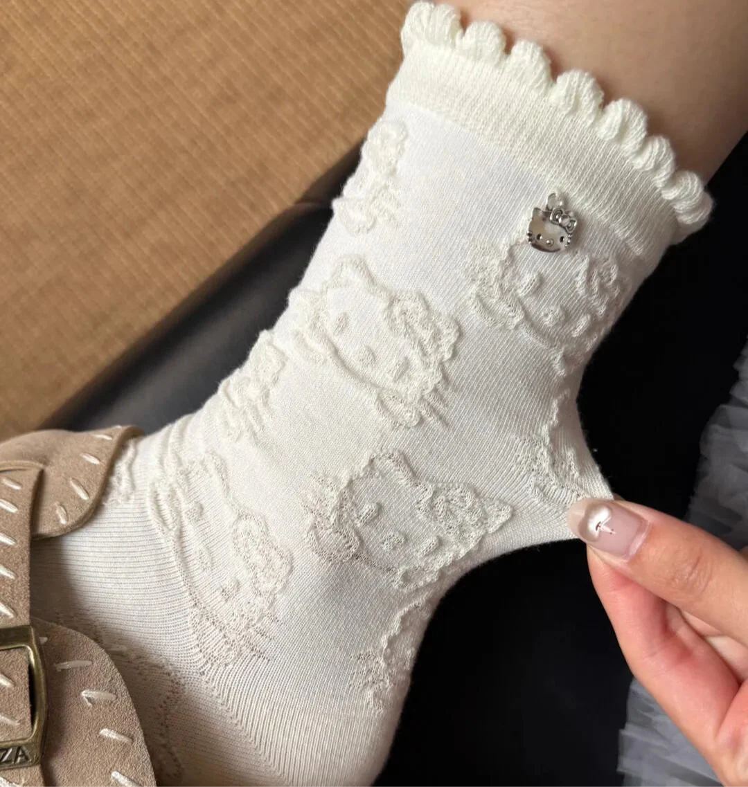 Embossed HK Lace Socks（Soft Cotton Mid-Calf Socks for Spring & Autumn）