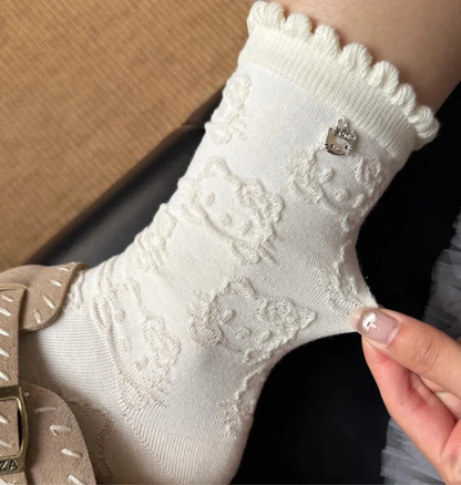 Embossed HK Lace Socks（Soft Cotton Mid-Calf Socks for Spring & Autumn）