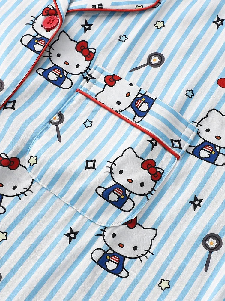 HelloKitty Blue Striped Foodie Prints Pajamas Set