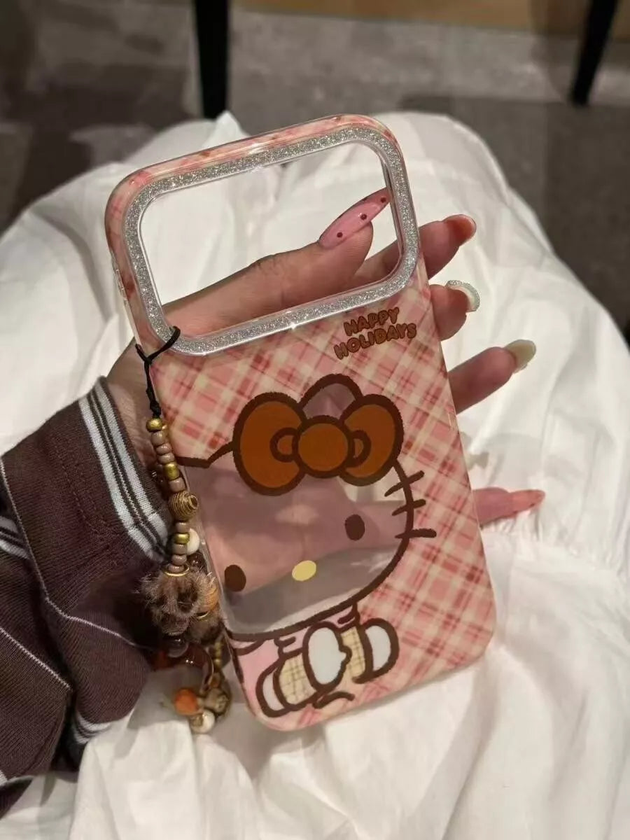 Hello Kitty Pink Plaid Phone Case with Beaded Charm Strap