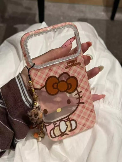 Hello Kitty Pink Plaid Phone Case with Beaded Charm Strap