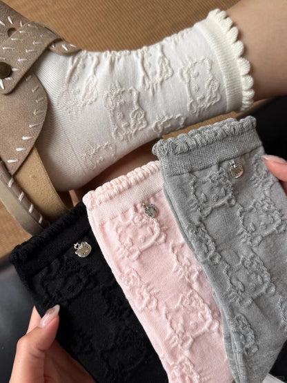 Embossed HK Lace Socks（Soft Cotton Mid-Calf Socks for Spring & Autumn）