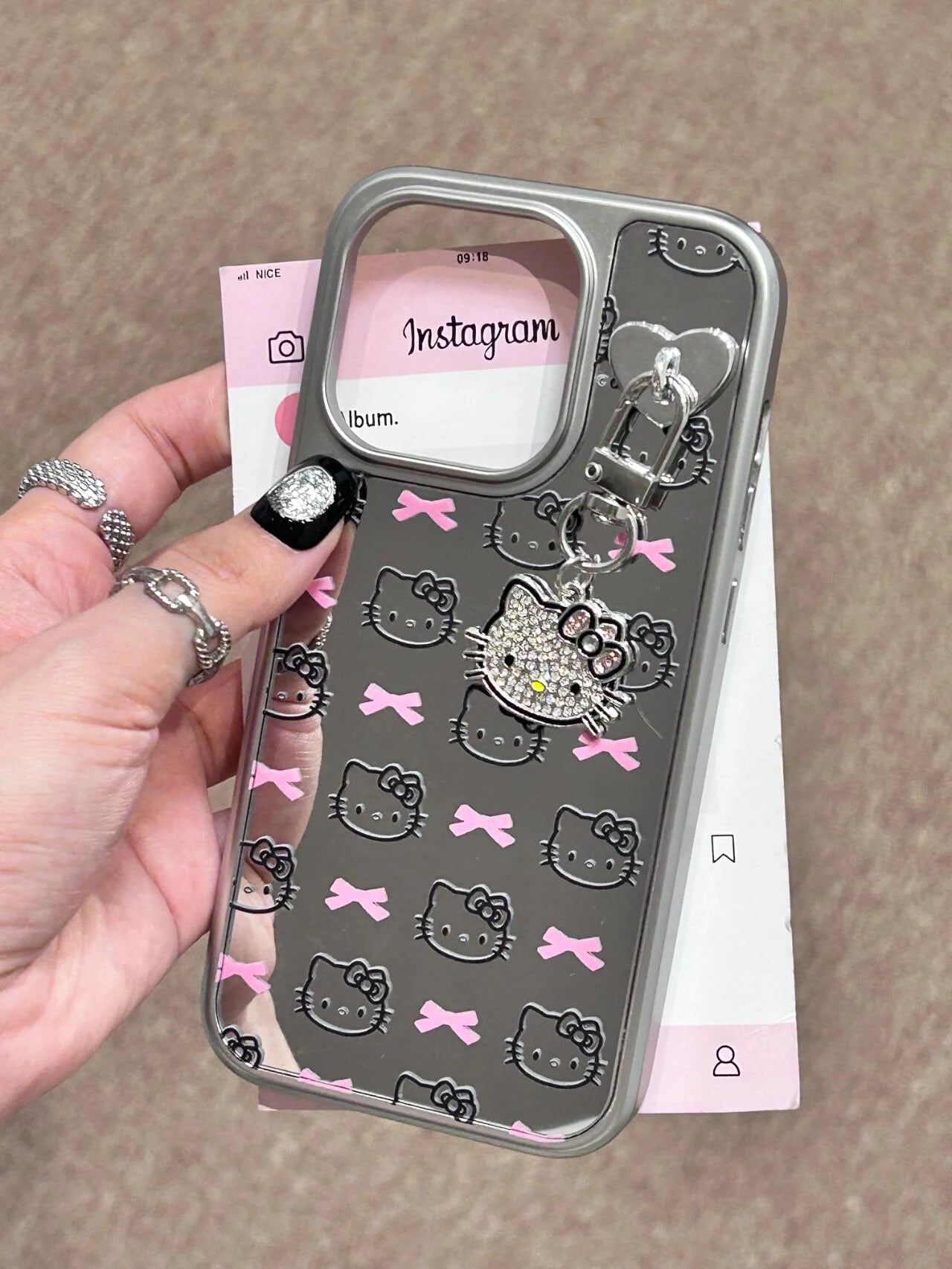 Hello Kitty Silver Mirror Case with Pink Bow