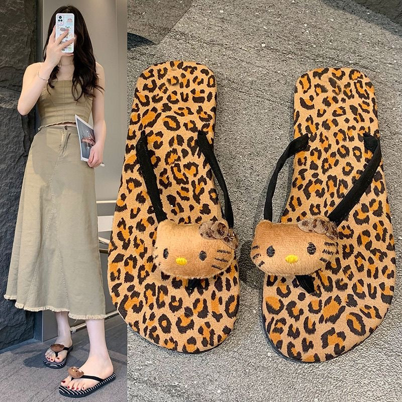 Hellokitty Leopard Print Flip Flops Beach Shoe