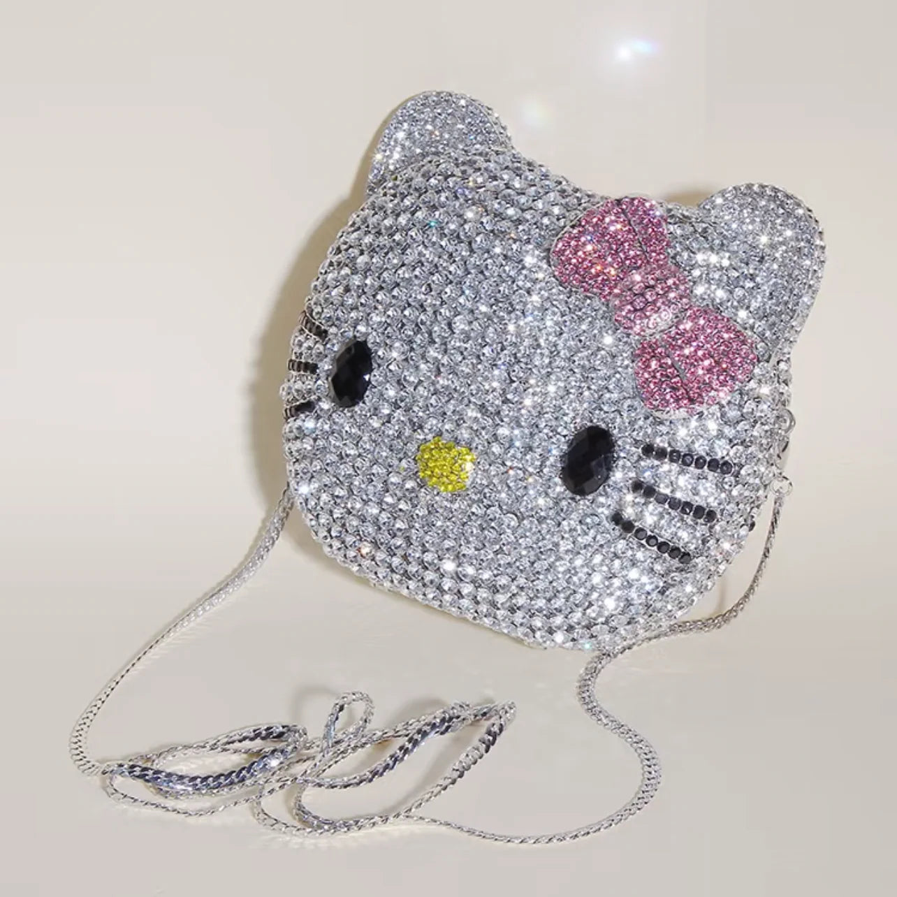 Hello Kitty Rhinestone Evening Bag, Handmade Full Crystal Crossbody Chain Purse
