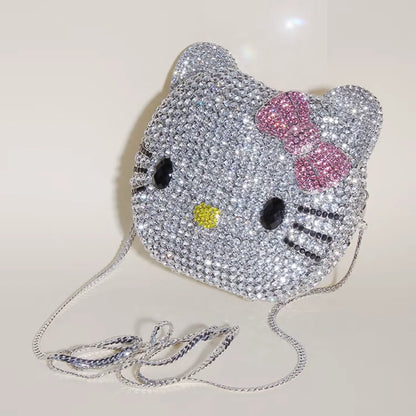 Hello Kitty Rhinestone Evening Bag, Handmade Full Crystal Crossbody Chain Purse