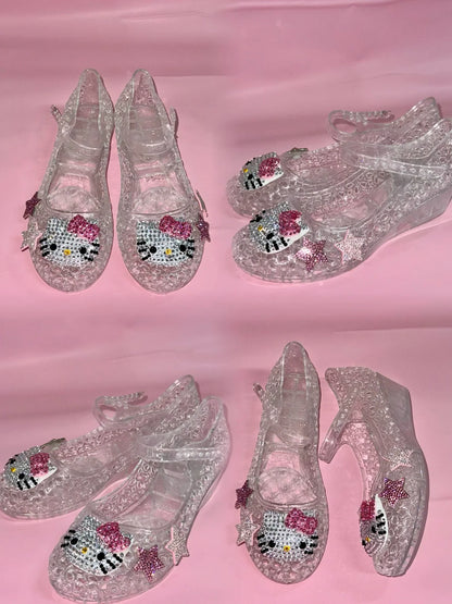 Hellokitty Handmade Rhinestone Flat Jelly Shoes Hollow Out Crystal Jelly Heel Summer Beach Sandals