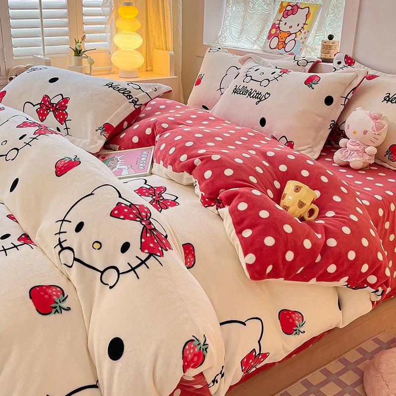Hello Kitty Winter Plush and Thick Coral Fleece Bedding Set In