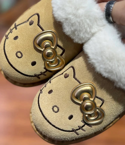 Hello Kitty Luxe Khaki Slippers with Gold Bow Charm