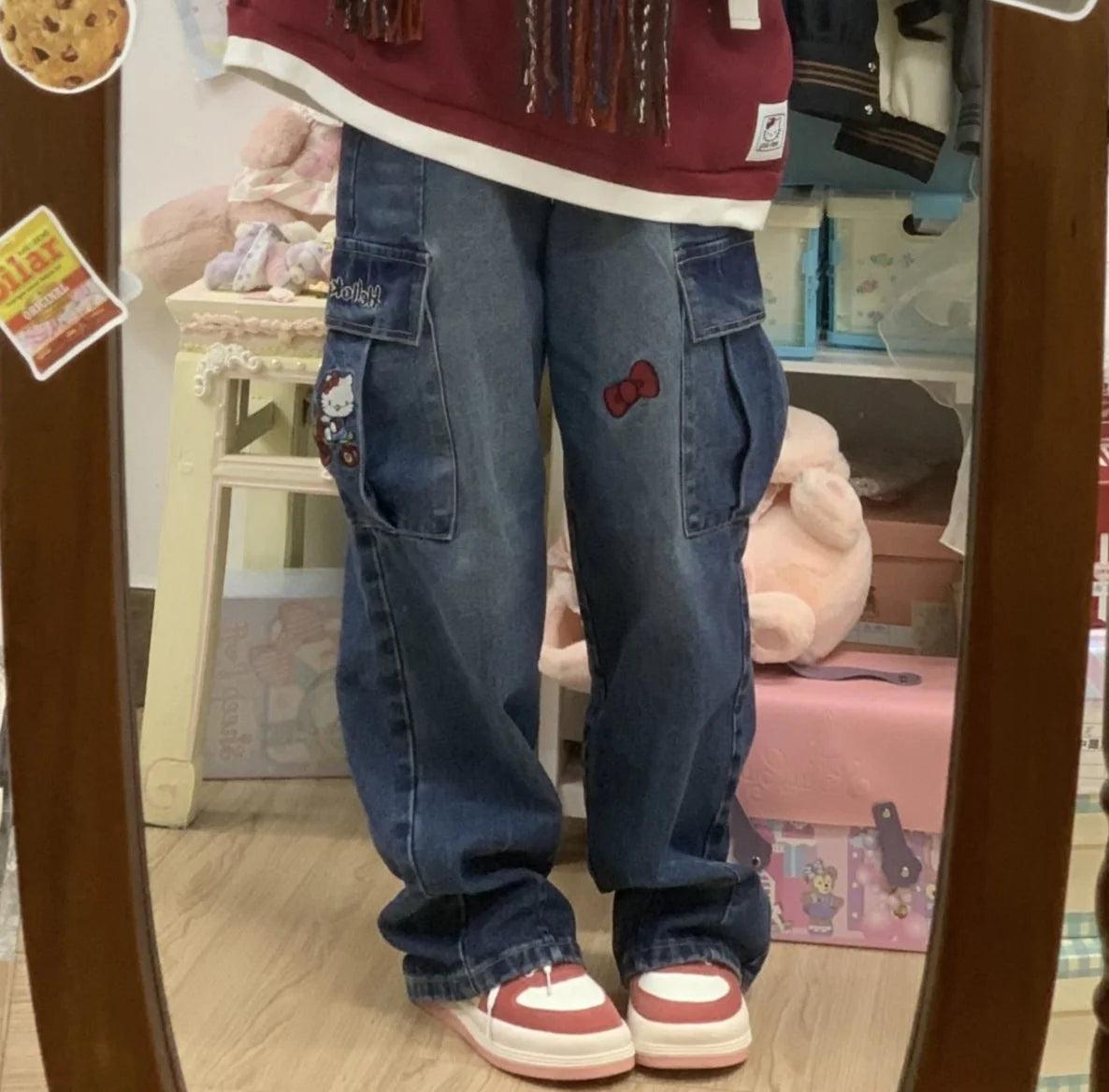 Hello Kitty Vintage Style Wide-Leg Denim Jeans – In Kawaii Shop Hello Kitty Vintage Style Wide-Leg Denim Jeans – In Kawaii Shop