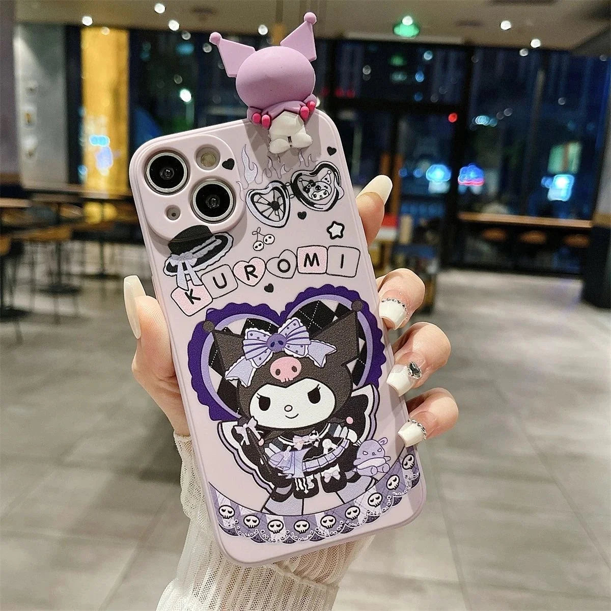 Kuromi 3D Charm Phone Case with Lanyard & Pearl Chain