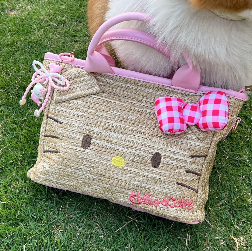 Hello Kitty Straw Tote Bag with Pink Bow Summer Beach Crossbody Handbag