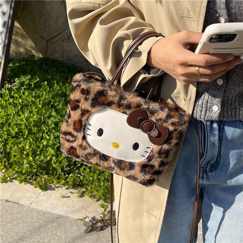 Hello Kitty 3-Way Leopard Print Plush Tote Bag – In Kawaii Shop display picture 2
