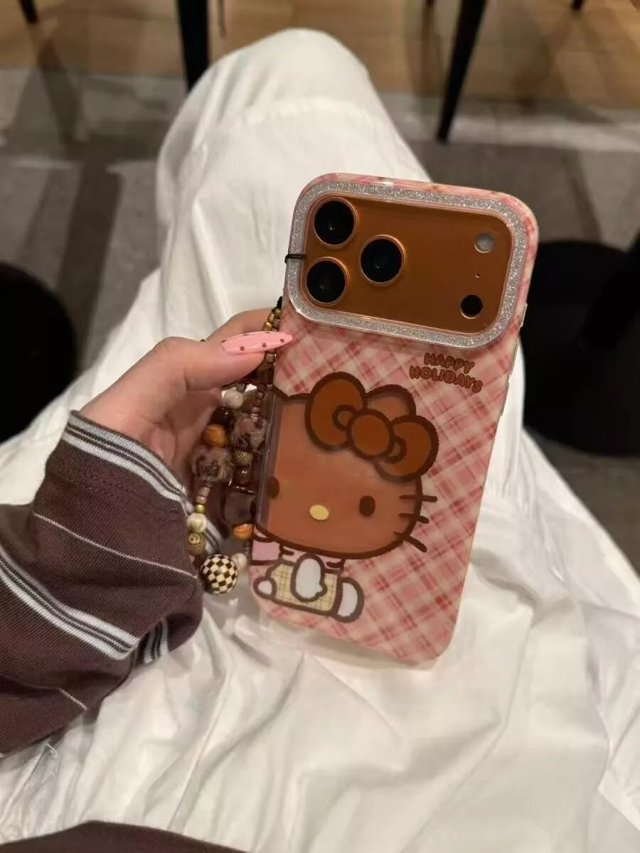 Hello Kitty Pink Plaid Phone Case with Beaded Charm Strap