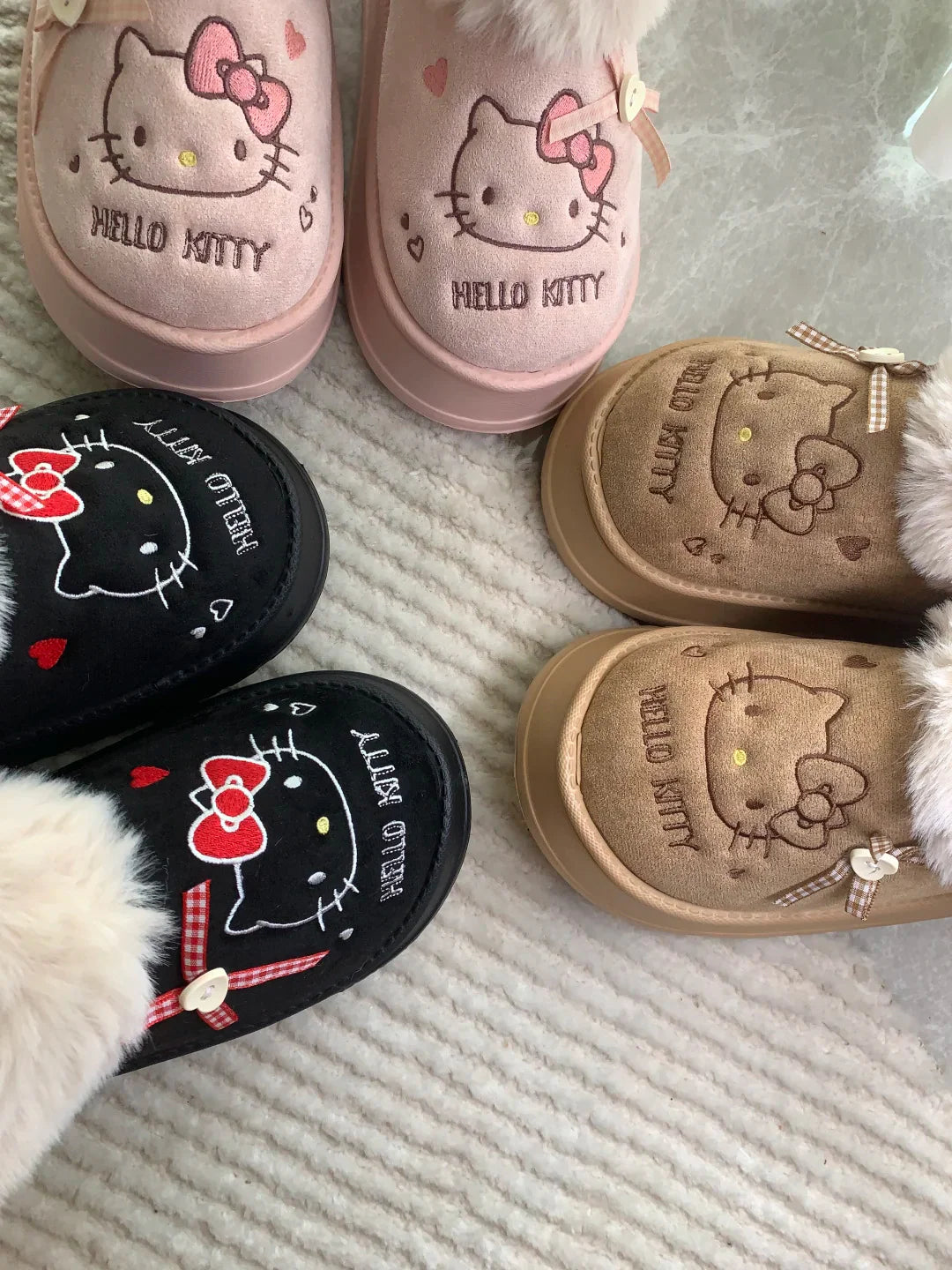 Hello Kitty Faux-Fur Trim & Bow Accent Plush Slippers