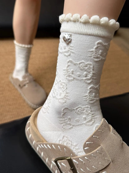 Embossed HK Lace Socks（Soft Cotton Mid-Calf Socks for Spring & Autumn）