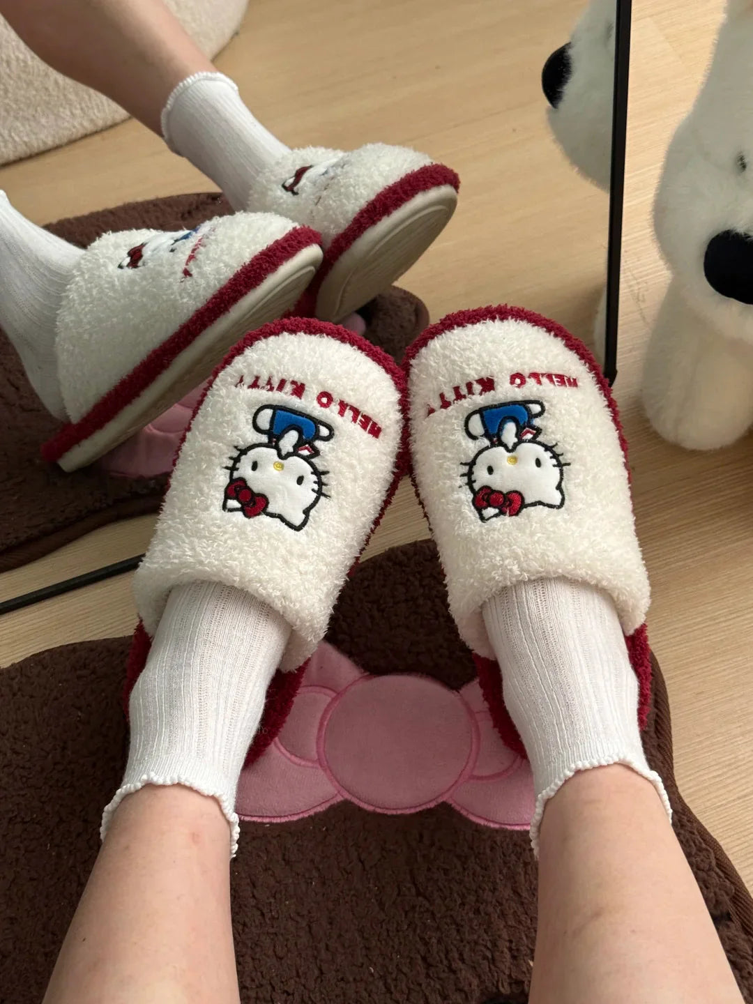 Hello Kitty Red & White Fleece Slippers