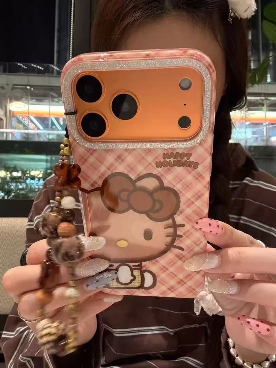 Hello Kitty Pink Plaid Phone Case with Beaded Charm Strap