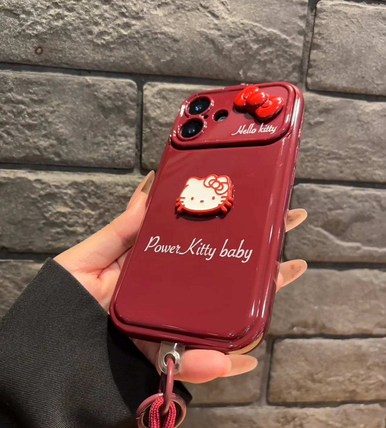 Hello Kitty Power Kitty Baby Crimson Love Phone Case with Mirror Stand and Stripe