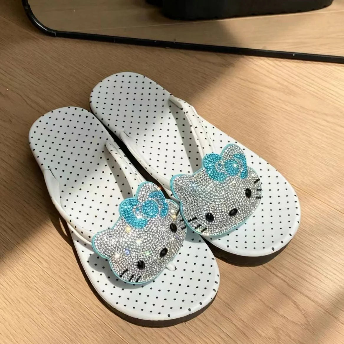 Rhinestone Hello Kitty Polka Dot Flip Flops