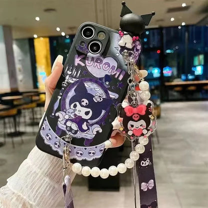 Kuromi 3D Charm Phone Case with Lanyard & Pearl Chain