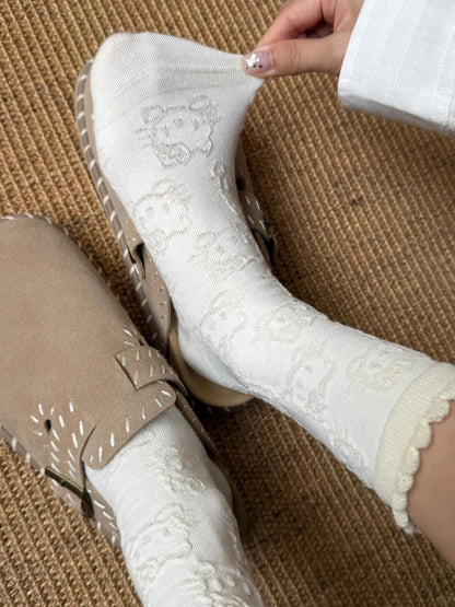 Embossed HK Lace Socks（Soft Cotton Mid-Calf Socks for Spring & Autumn）
