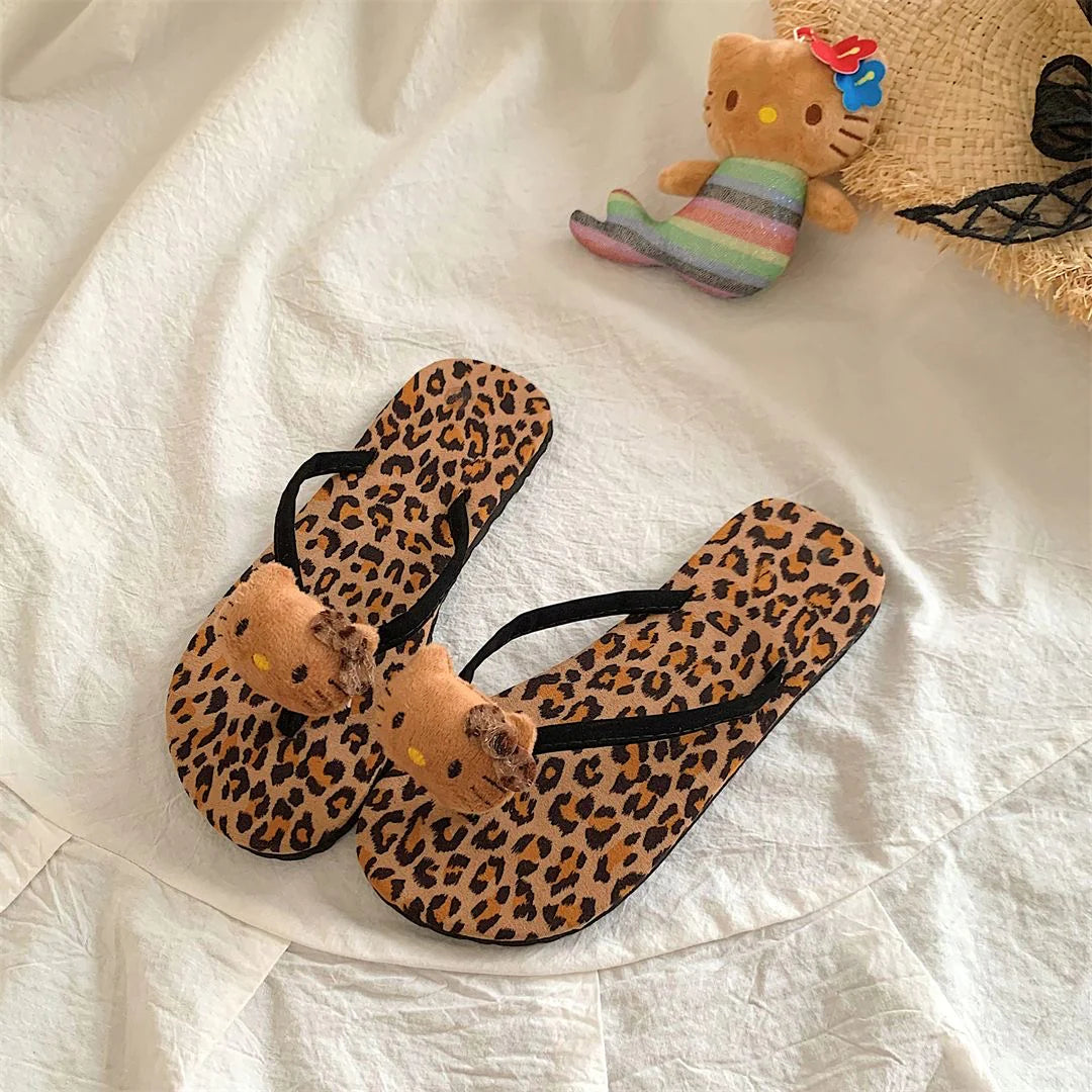 Hellokitty Leopard Print Flip Flops Beach Shoe